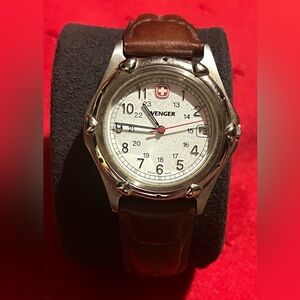 Vintage Wenger Silver Case Watch with Brown Leather Strap